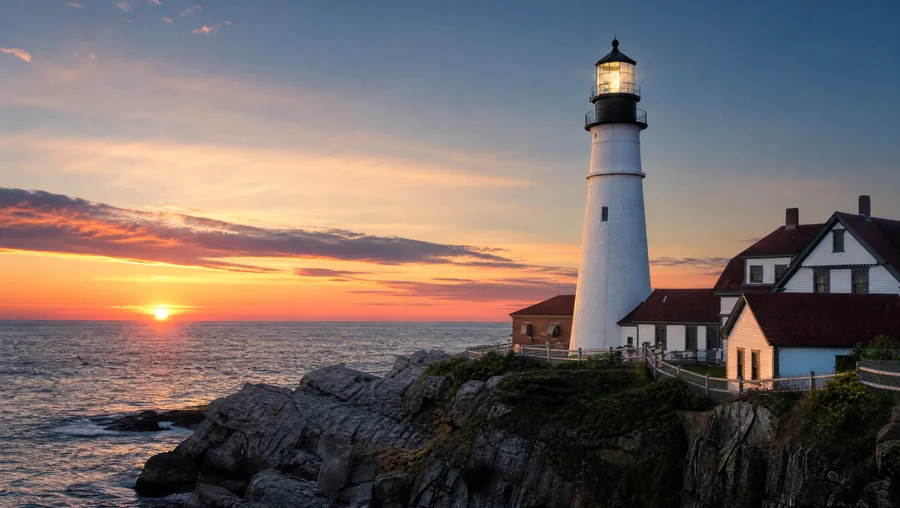 Un phare blanc au coucher du soleil, avec des maisons à côté.