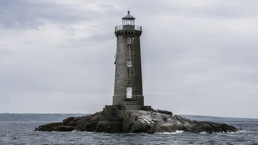 Un phare de pierre grise, seul sur un rocher, lumière neutre.
