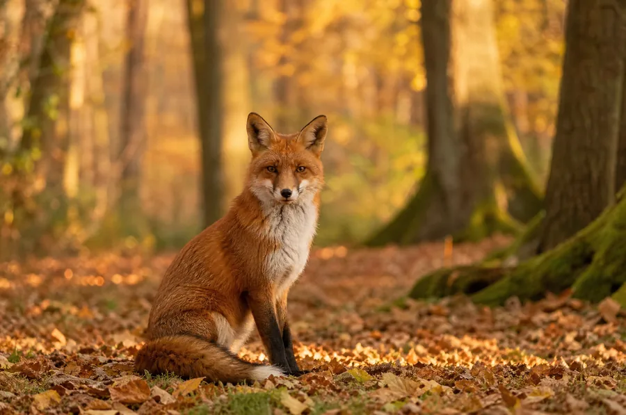 Le renard roux net dans la forêt d’automne.
