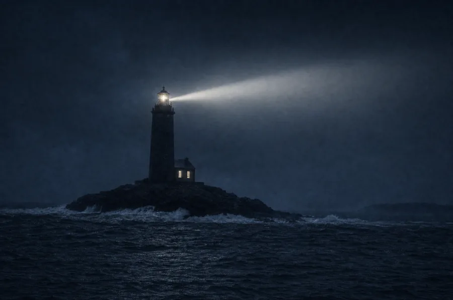 Le même phare de nuit, sa lanterne projetant un faisceau.