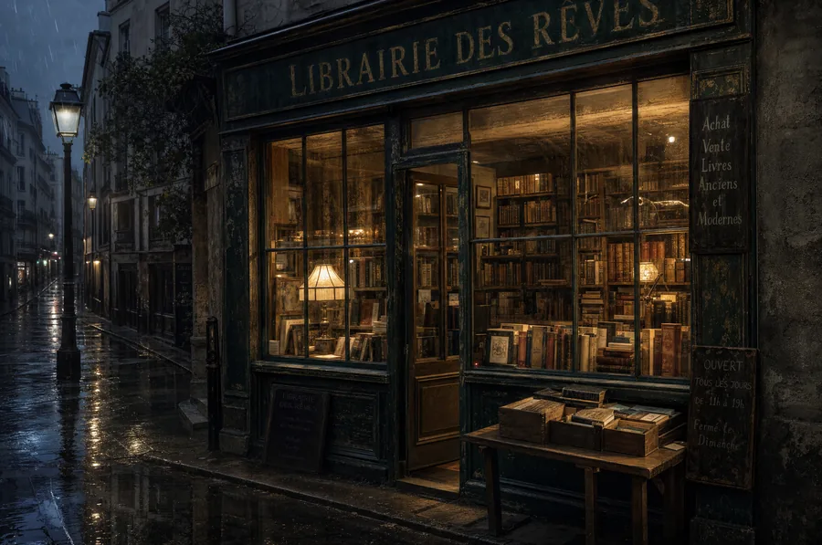 Une vieille librairie de nuit sous la pluie, vue de face.