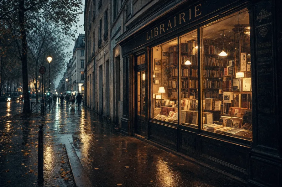 Une rue mouillée en fin d’automne, la vitrine éclairée à droite.